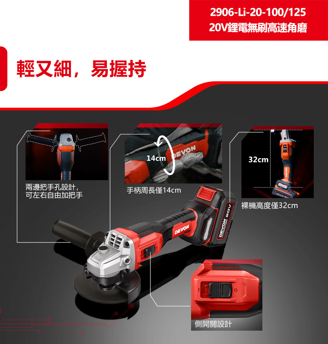 大有DEVON 4"高速磨機(鋰20V)(無刷)2906-Li-20-10